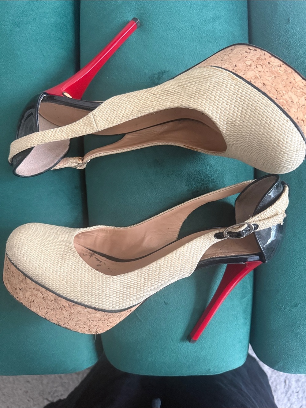Giuseppe Zanotti Beige Woven Cork Platform Slingbacks with Red Heels